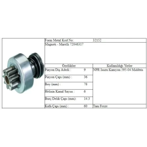 MARŞ DİŞLİSİ 9 DİŞ ISUZU NPR 6 KANAL PİNYON ÇAPI: 36mm BOY: 78mm BURÇ ÇAPI: 14,3mm KAFA