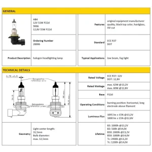 AMPÜL HB4 9006 12V 51W HALOGEN