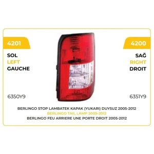 STOP LAMBASI TEK KAPI YUKARI AÇILIR YM SAĞ PEUGEOT PARTNER
