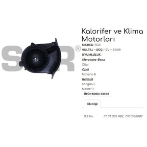 KALORİFER MOTORU KANGOO 3 - MASTER 3 - OPEL MOVANO B - M.BENZ CITAN 7701068992