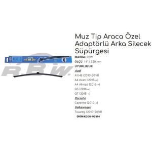 SİLECEK SÜPÜRGESİ MUZ TİPİ AUDI: A1 HB 8×1,8XK 2010-2018 A4 AVANT 8W5,B9 2015→ A4 ALLROAD 8WH,B9 2016→ Q5 FYB 2016→ Q7 4MB 2015→ PORSCHE: CAYENNE 92A 2010→ VW: TOUAREG 2010-2018 14 İNCH 350 MM