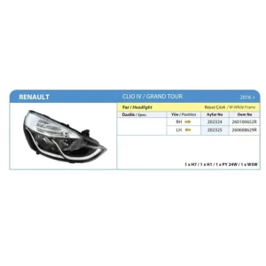 FAR RENAULT CLIO IV HB GRAND TOUR BEYAZ CITALI MOTORLU SOL 260608629R