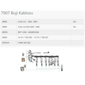BUJİ KABLOSU BMW 520İ E 34 KASA M 20 MOTOR 94-.720 İ E 32 KASA M 30 MOTOR 94-.730İ E 32 KASA M 30 MOTOR 94-