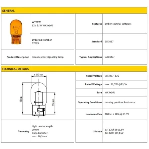 AMPÜL 12V 21W 93 DİPSİZ AMBER