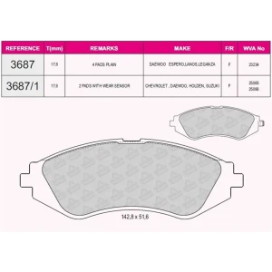 FREN BALATASI ÖN BUICK EXCELLE 2003/2020 / CHEVROLET AVEO HATCHBACK (T200) , LACETTI (J200) , NUBIRA , OPTRA , REZZO , VECTRA , VIVANT , ESPERO 1995/2020 25065 25066