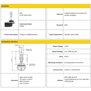 AMPÜL H27 886 12V 50W HALOGEN